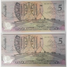 AUSTRALIA 1992 . FIVE 5 DOLLARS BANKNOTE . FRASER/COLE . CONSECUTIVE PAIR . FIRST PREFIX